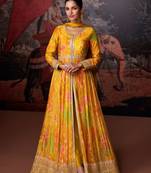 Mustard embroidered & sequins work chinnon anarkali pant suit - full stitched suit