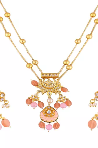 Pearl polki rose quartz meena necklace set