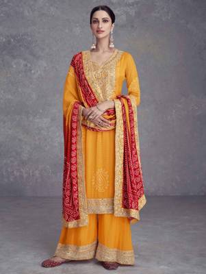 Mustard embroidery, mirror & digital print work chinnon straight palazzo suit - full stitched suit 1