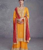 Mustard embroidery, mirror & digital print work chinnon straight palazzo suit - full stitched suit