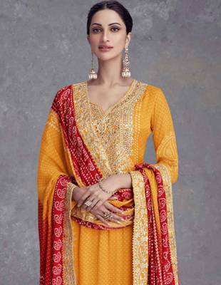 Mustard embroidery, mirror & digital print work chinnon straight palazzo suit - full stitched suit 2