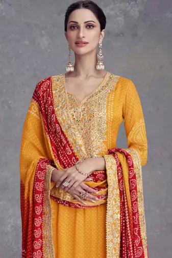 Mustard embroidery, mirror & digital print work chinnon straight palazzo suit - full stitched suit