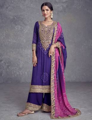 Purple embroidery mirror & digital print work chinnon straight palazzo suit - full stitched suit 1