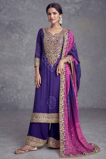 Purple embroidery, mirror & digital print work chinnon straight palazzo suit - full stitched suit