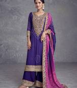 Purple embroidery mirror & digital print work chinnon straight palazzo suit - full stitched suit