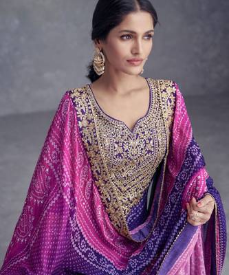 Purple embroidery mirror & digital print work chinnon straight palazzo suit - full stitched suit 2