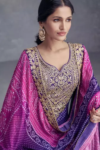 Purple embroidery mirror & digital print work chinnon straight palazzo suit - full stitched suit
