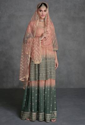 Peach & green embroidered & sequins work georgette anarkali palazzo suit - full stitched suit 1
