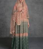 Peach & green embroidered & sequins work georgette anarkali palazzo suit - full stitched suit