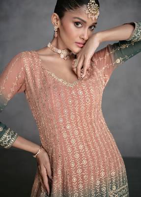 Peach & green embroidered & sequins work georgette anarkali palazzo suit - full stitched suit 2