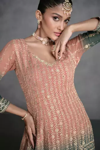Peach & green embroidered & sequins work georgette anarkali palazzo suit - full stitched suit