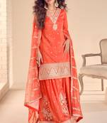 Orange embroidery & sequins work simar silk straight palazzo suit - full stitched suit