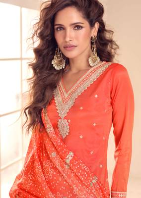 Orange embroidery & sequins work simar silk straight palazzo suit - full stitched suit 2