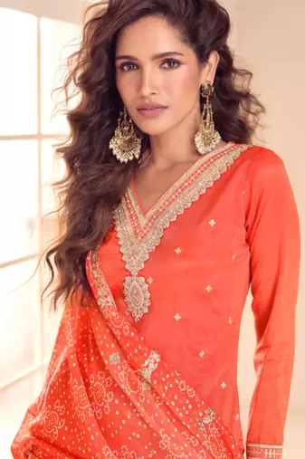 Orange embroidery & sequins work simar silk straight palazzo suit - full stitched suit