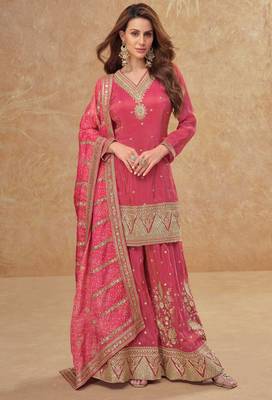 Pink embroidery & sequins work simar silk straight palazzo suit - full stitched suit 1