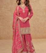 Pink embroidery & sequins work simar silk straight palazzo suit - full stitched suit