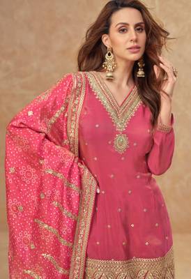 Pink embroidery & sequins work simar silk straight palazzo suit - full stitched suit 2
