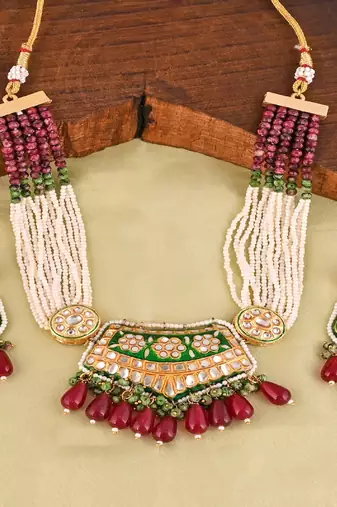 Pearl zoisite rhodonite meena necklace set