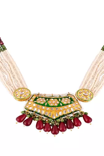 Pearl zoisite rhodonite meena necklace set