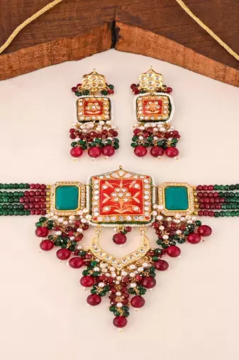 Ruby quartz green onyx meena necklace set
