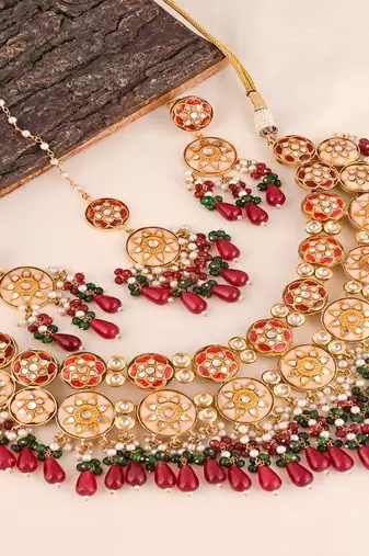 Pearl green onyx meena necklace set