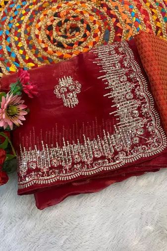 Red Shimmering Jimmy Choo Crystal Saree