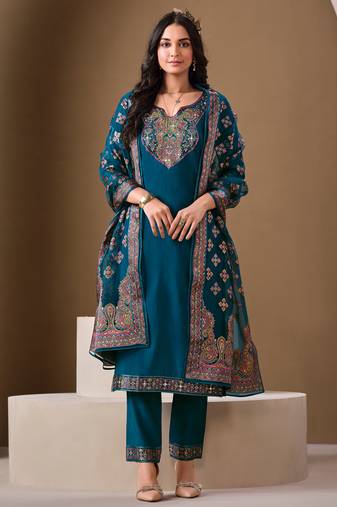 Teal viscose blend brasso floral & leaf printed gold foil straight kurta with pant & printed dupatta