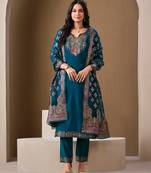 Teal viscose blend brasso floral & leaf printed gold foil straight kurta with pant & printed dupatta