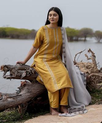 Mustard plain cotton kurta set with embroidery 2
