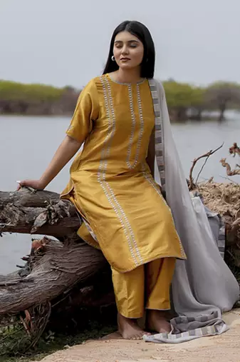 Mustard plain cotton kurta set with embroidery