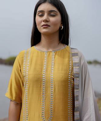 Mustard plain cotton kurta set with embroidery 3