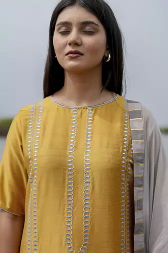 Mustard plain cotton kurta set with embroidery