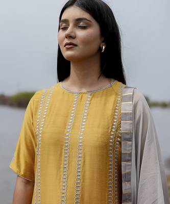 Mustard plain cotton kurta set with embroidery 4