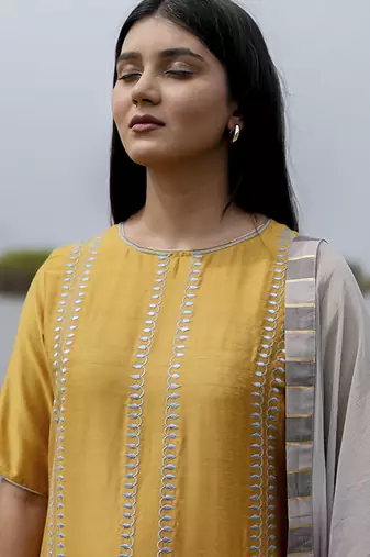 Mustard plain cotton kurta set with embroidery
