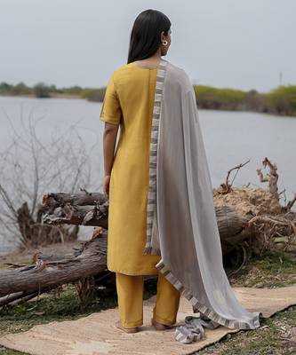 Mustard plain cotton kurta set with embroidery 5
