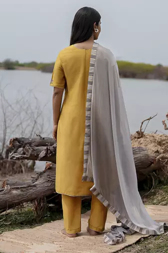 Mustard plain cotton kurta set with embroidery