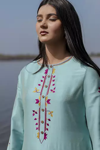 Aqua blue plain floral cotton kurta set with embroidered sleeves