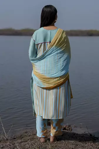 Aqua blue plain floral cotton kurta set with embroidered sleeves