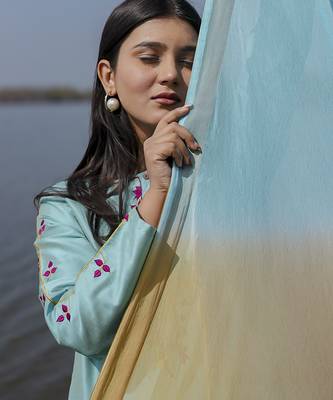 Aqua blue plain floral cotton kurta set with embroidered sleeves 4