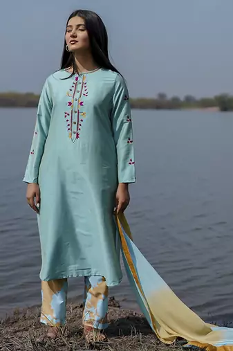 Aqua blue plain floral cotton kurta set with embroidered sleeves