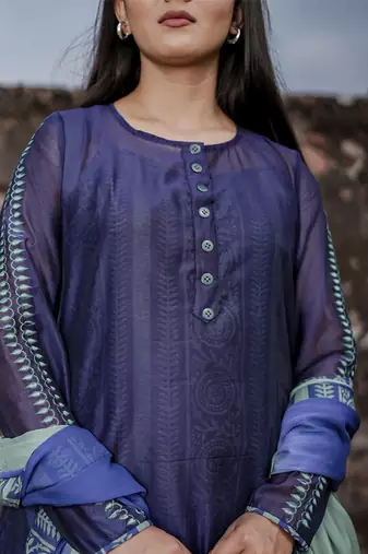 Navy blue plain cotton kurta set with inner