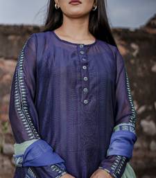 Navy blue plain cotton kurta set with inner