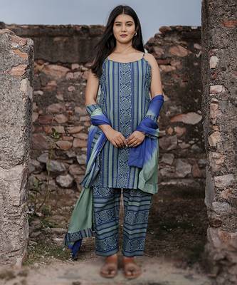 Navy blue plain cotton kurta set with inner 3