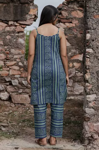 Navy blue plain cotton kurta set with inner