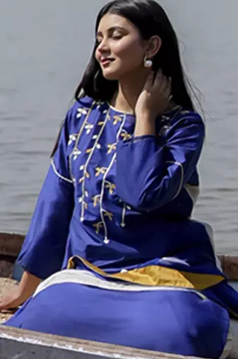 Navy blue plain cotton kurta set with embroidery