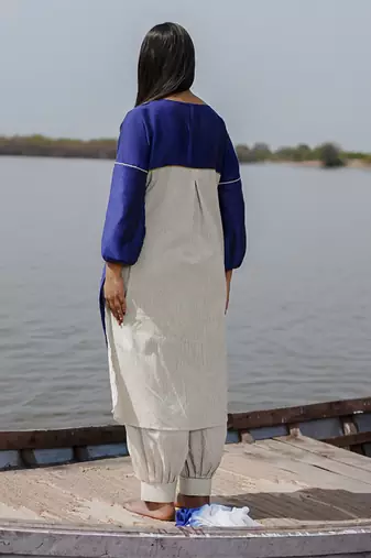 Navy blue plain cotton kurta set with embroidery