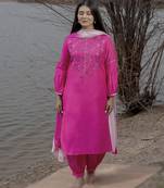 Pink plain cotton kurta set with embroidery