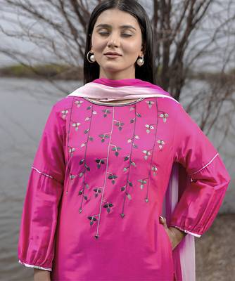 Pink plain cotton kurta set with embroidery 2