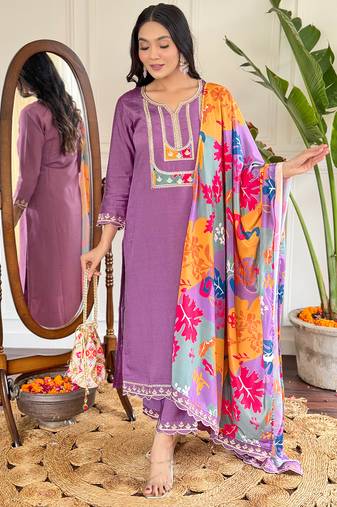 Women's Viscose Slub Embroidered Straight Kurta with Pant And Dupatta Set