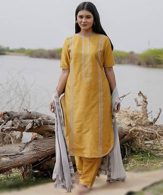 Mustard plain cotton kurta set with embroidery 1